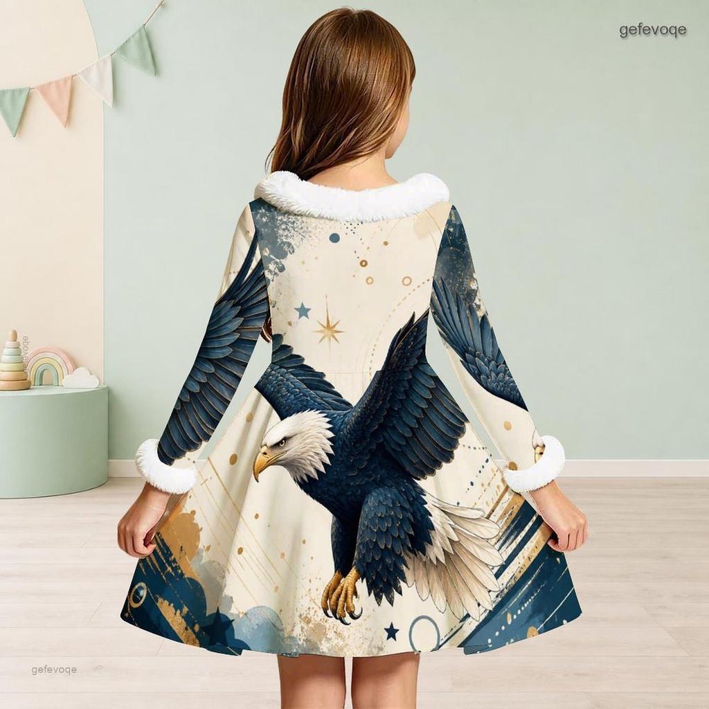 Girls High Neck Long Sleeve Furry Trim Tie Waist Red White Blue Eagle Star Printed A Line Flared Dress