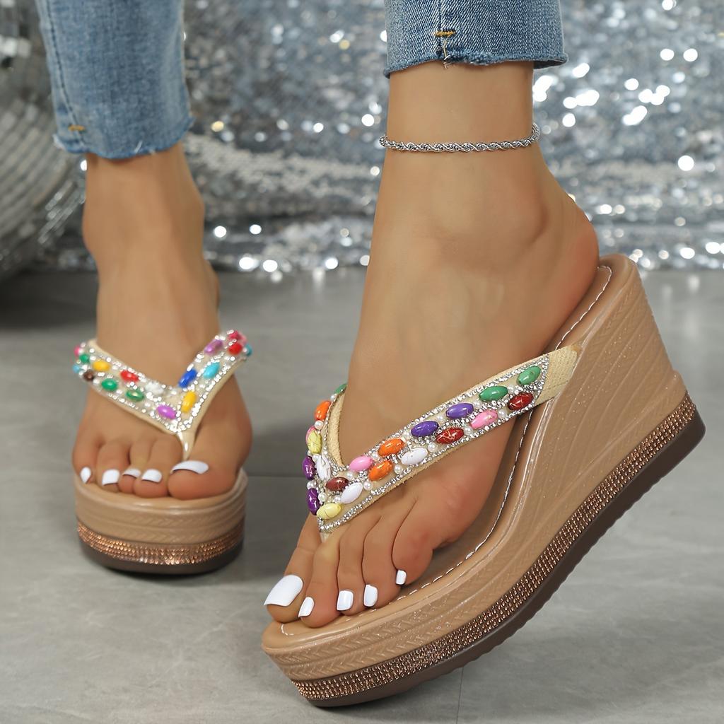 Leichter Luxus Strass Plateau Flip-Flops Dicke Sohle Höhenverstellbar Damen Sommer Freizeit Hausschuhe, Damenschuhe