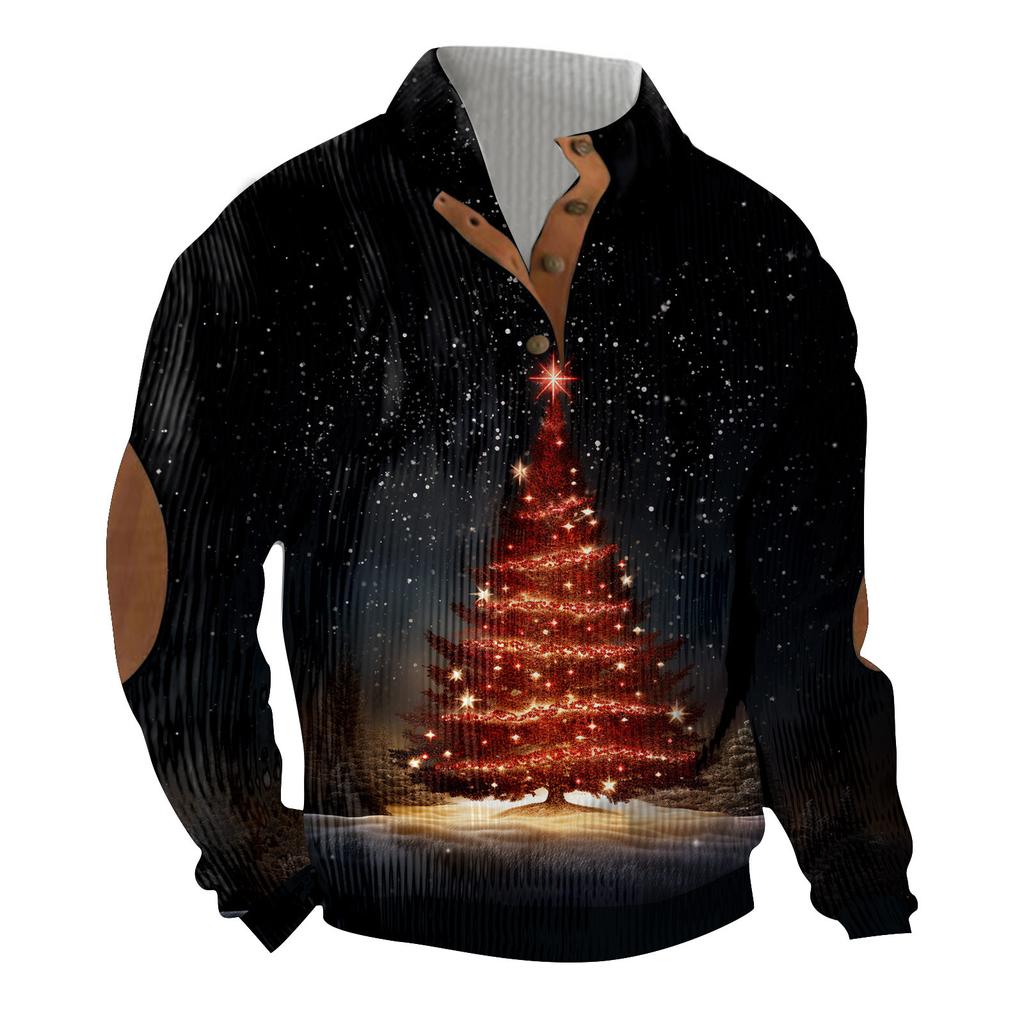 Christmas Print 3-button - Men's Stand Up Collar Sweatshirt, Outdoor Casual Hoodie With Buckle