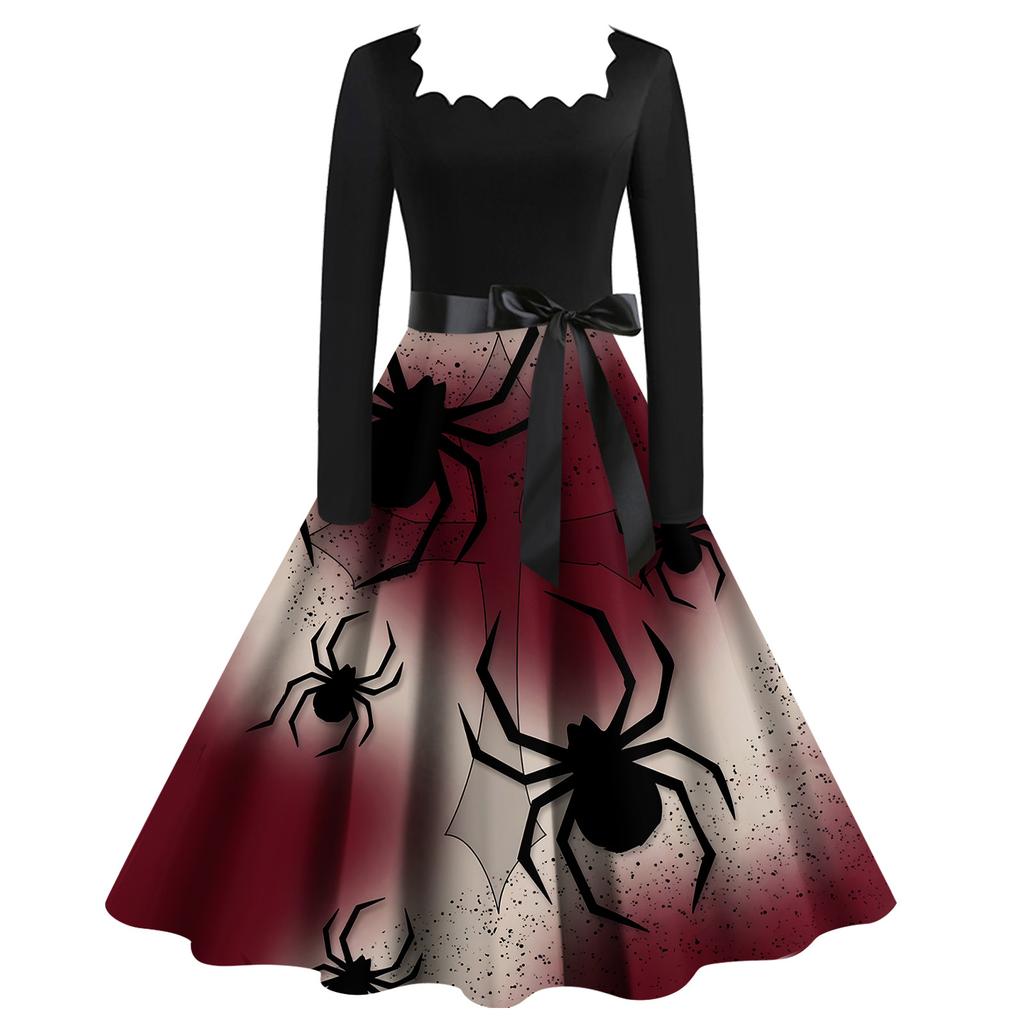 Halloween Damen Casual Fashion Square Neck Printed Vintage Kleid