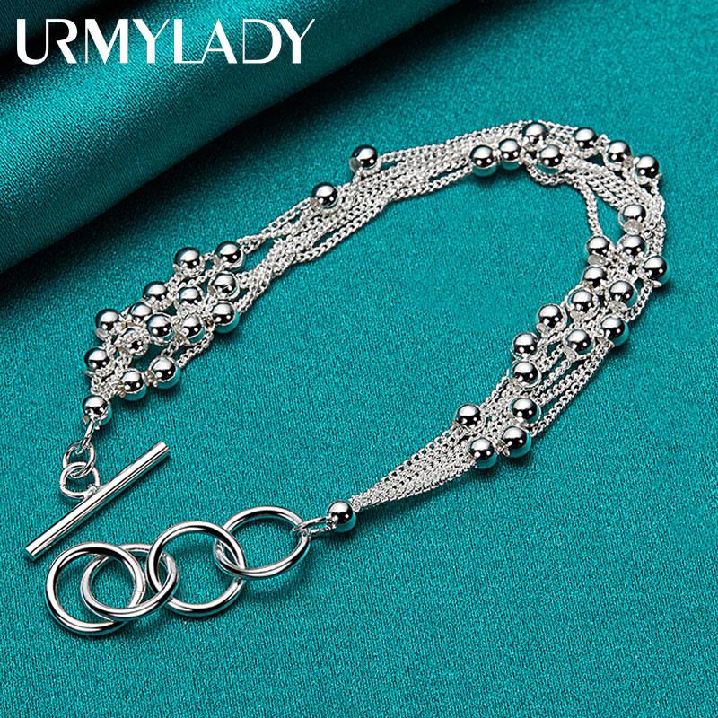 925 Sterling Silver Multi-Chain Smooth Beads Bracelet Fashion Jewelry MB047