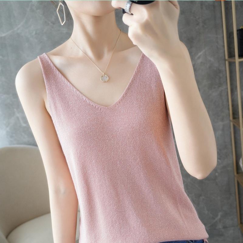 Quzhu Ice Silk V-neck Suspender for Women Slim Fit and Versatile Base Vest In Summer New Sleeveless Outer Wear Bright Silk Top