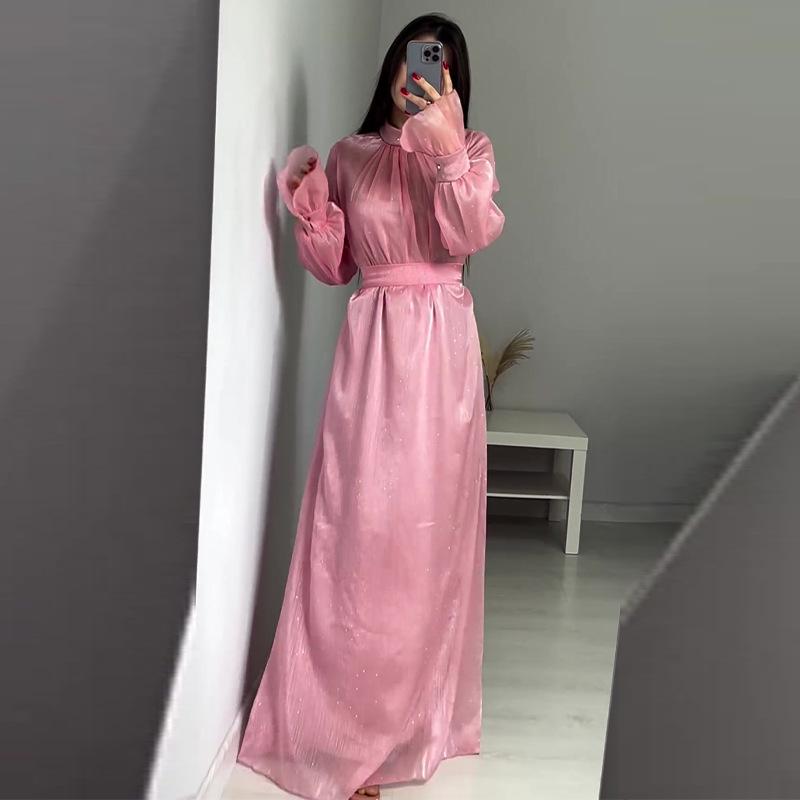 2024 Autumn Elegant European & American Lace-Up Waist-Cinching Glass Yarn Dress for Women