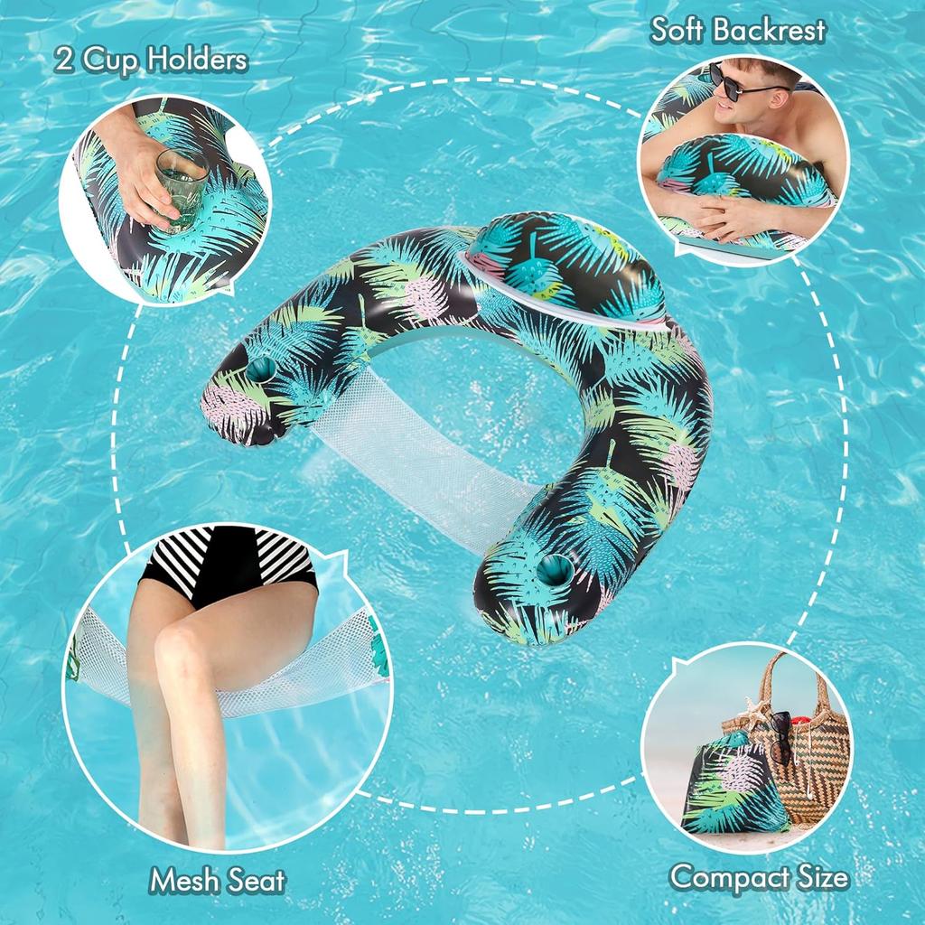 3 Pack Inflatable Pool Floats for Adults Pool Chairs with Two Cup Holders Comfortable Blow up Floating Lake Water Fun Swimming Party