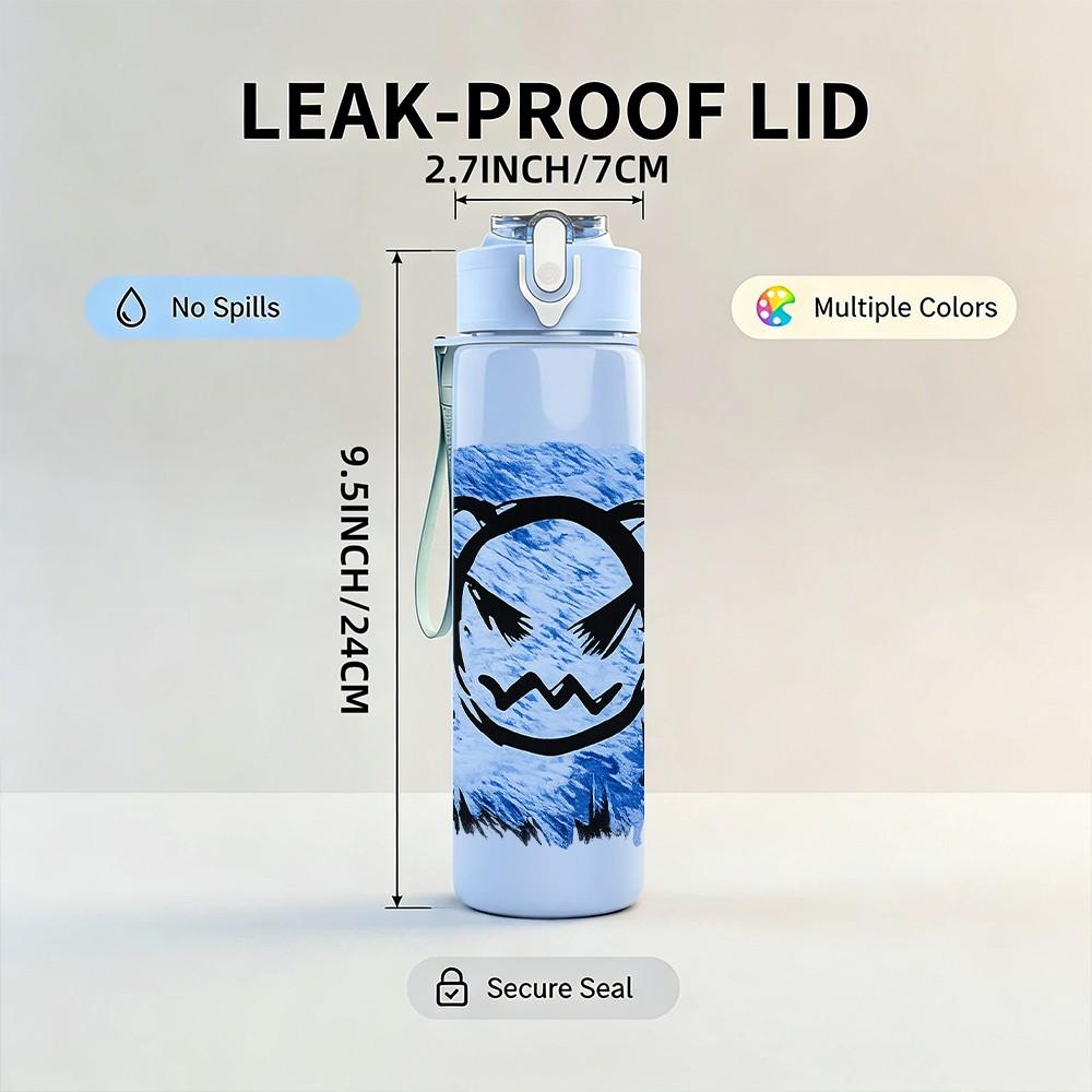 1PC Blue Graffiti Angry Bear Face Print 750ml Color Plastic Sports Water Bottle Leakproof Flip Straw Lid Suitable for Sports Office Home Use