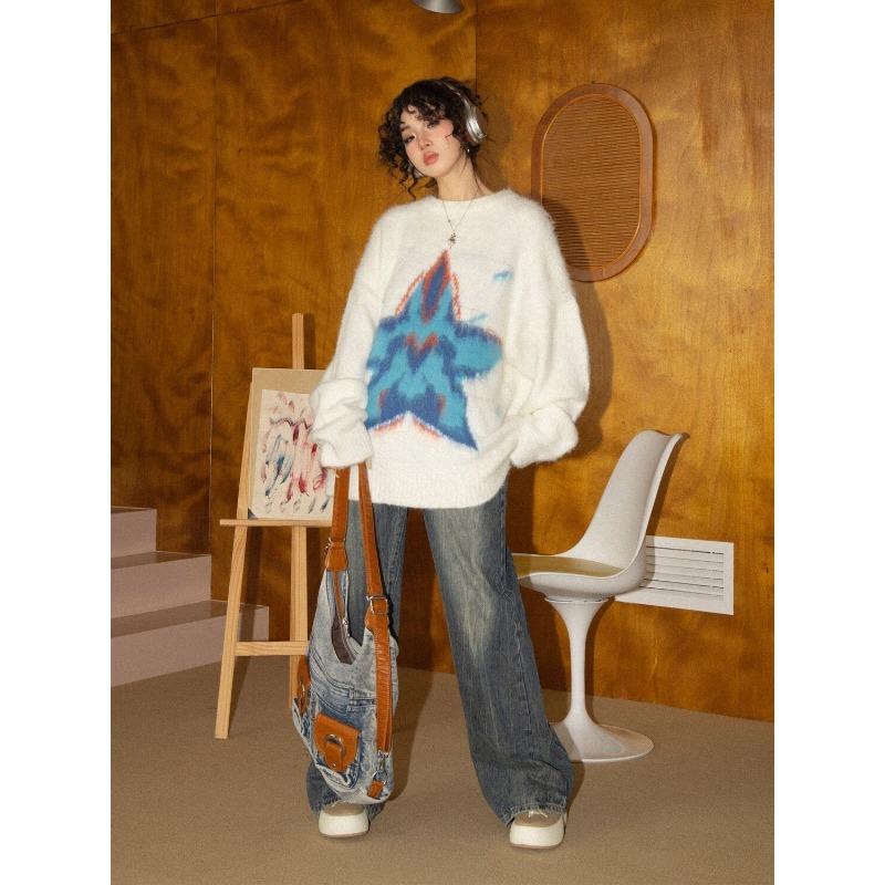 Five Pointed Star Women's Long Sleeved Sweater Round Neck Soft Women's Pullover Sweaters American Style Autumn Loose Woman Top