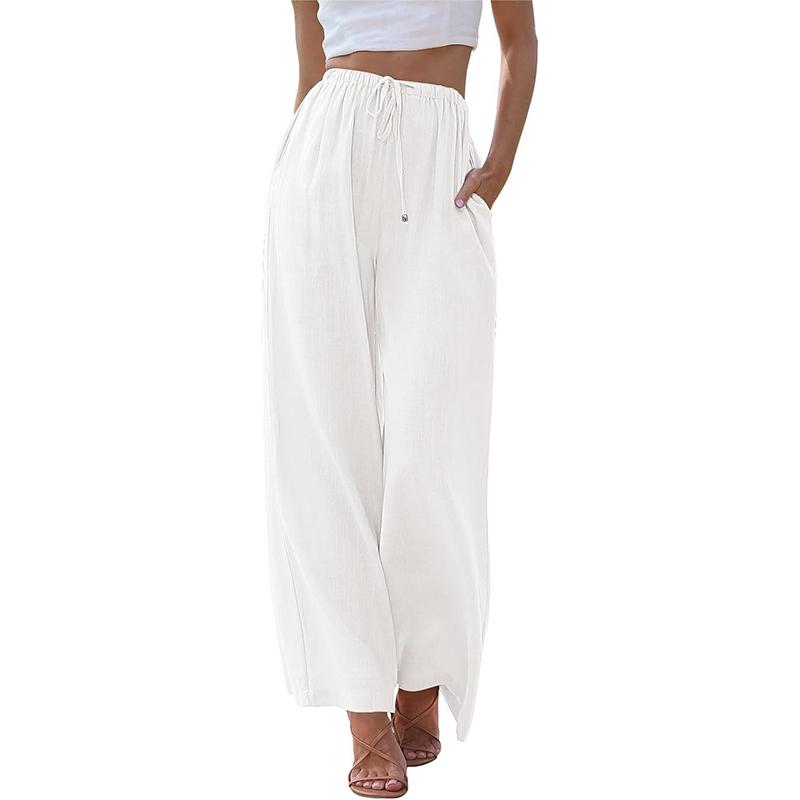 

2025 Europe and The United States Women s New Linen Summer Drawstring Wide-leg Pants Floating Wide-leg Beach Pants with Pockets XL белый