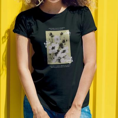 Artistic Womens Short Sleeve T Shirt Nature Poem Design with Flower Illustration and Literary Quote Graphics for an Elegant Look