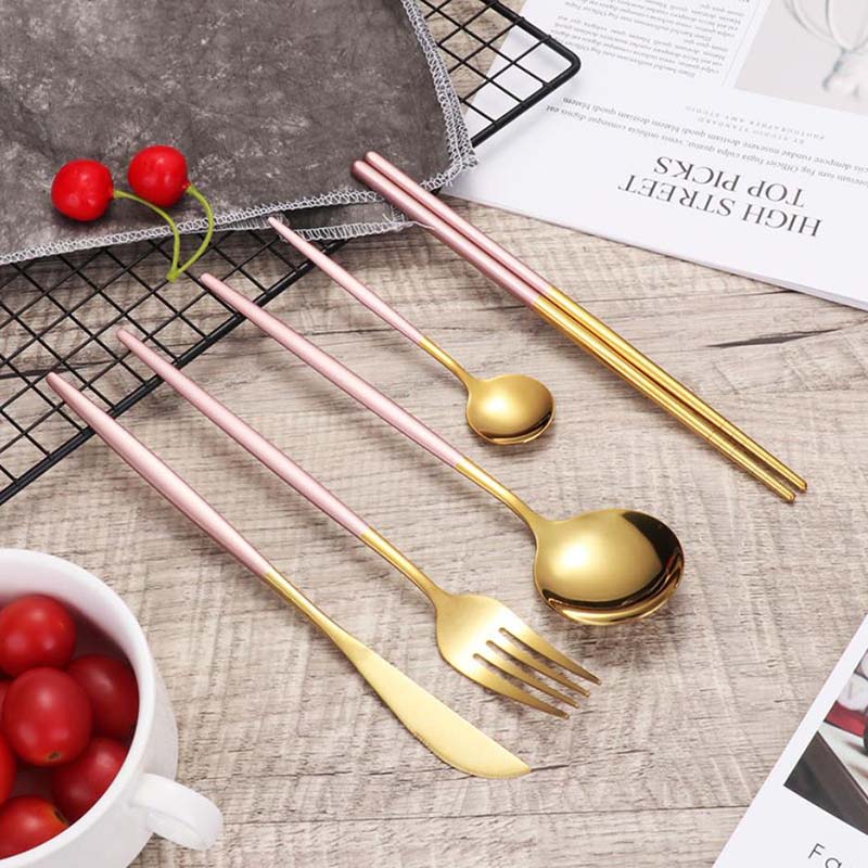 Nordic Stainless Steel Steak Knife Fork Spoon Teaspoons Chopsticks 5 Pieces Set Mirror Frosted Luxury Kitchen Tableware Set Home Party Dinnerware Set