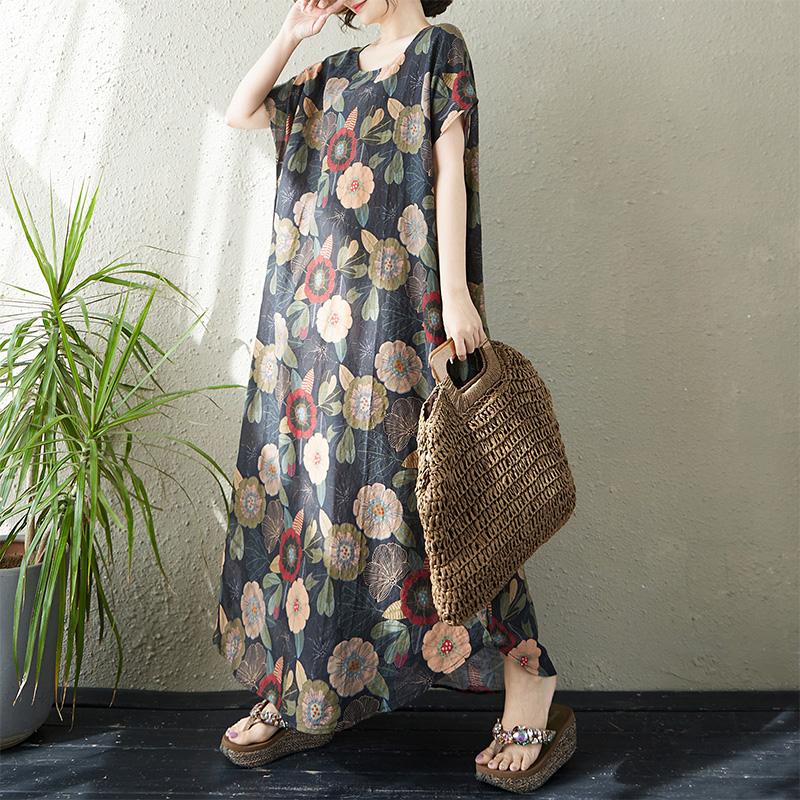 DIMANAF New 2026 Women Plus Size Summer Beach Lady Long Black Dress Loose Oversize Maxi Floral Print Sundress Clothing
