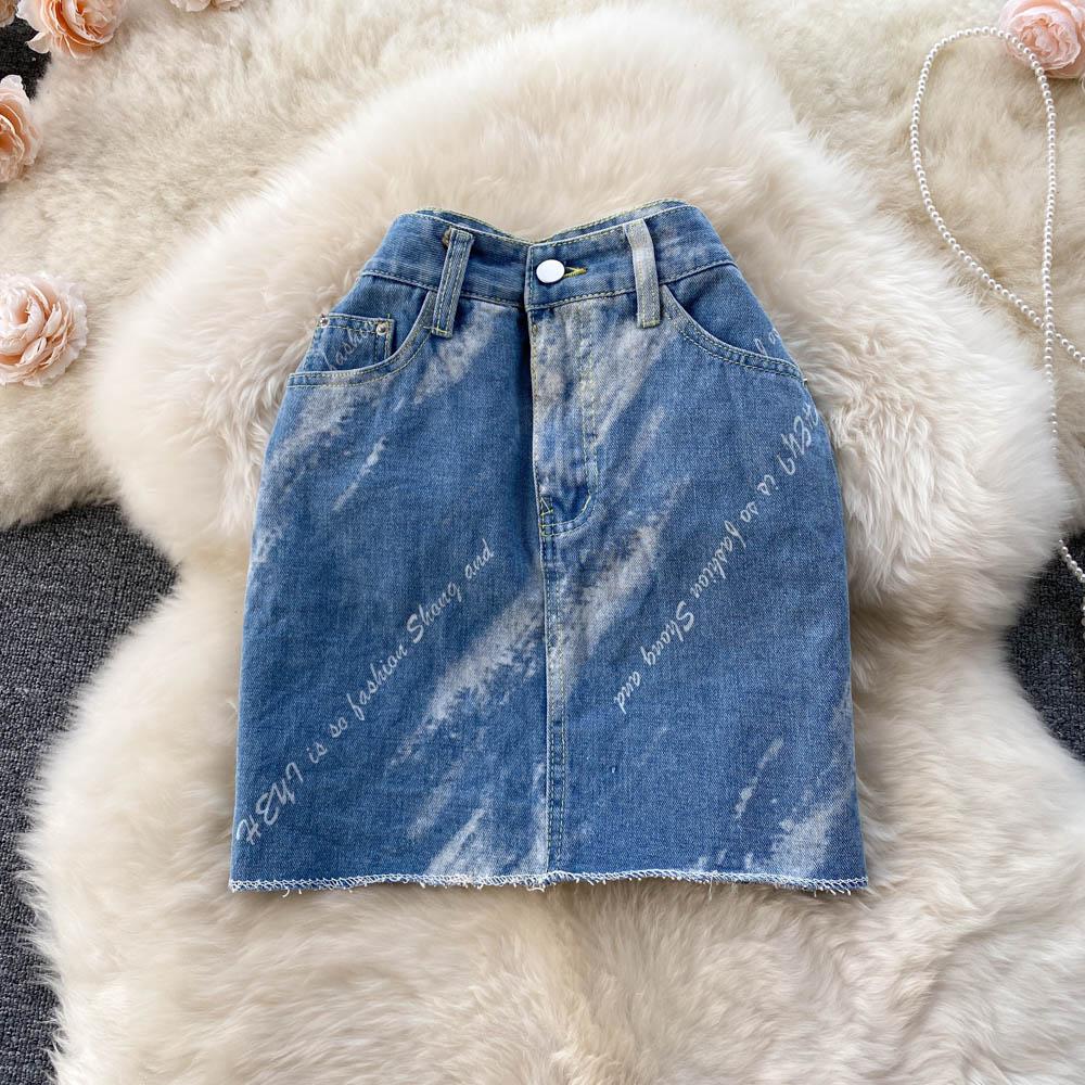 

Юбка из денима тай-дай Весенне-летний стиль Приталенный и универсальный Дизайнерский минимализм Градиентная повседневная юбка XL синий