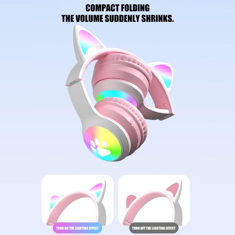 Active Noise Cancelling Wireless Bluetooth-compatible Cats  Ear Headphones Led Foldable Earphones TF Card Support