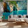 Turquoise Sea Cave Beach Tapestry, Crystal Clear Water Rocky Cliffs Coastal Nature Landscape Wall Art For Home Decor