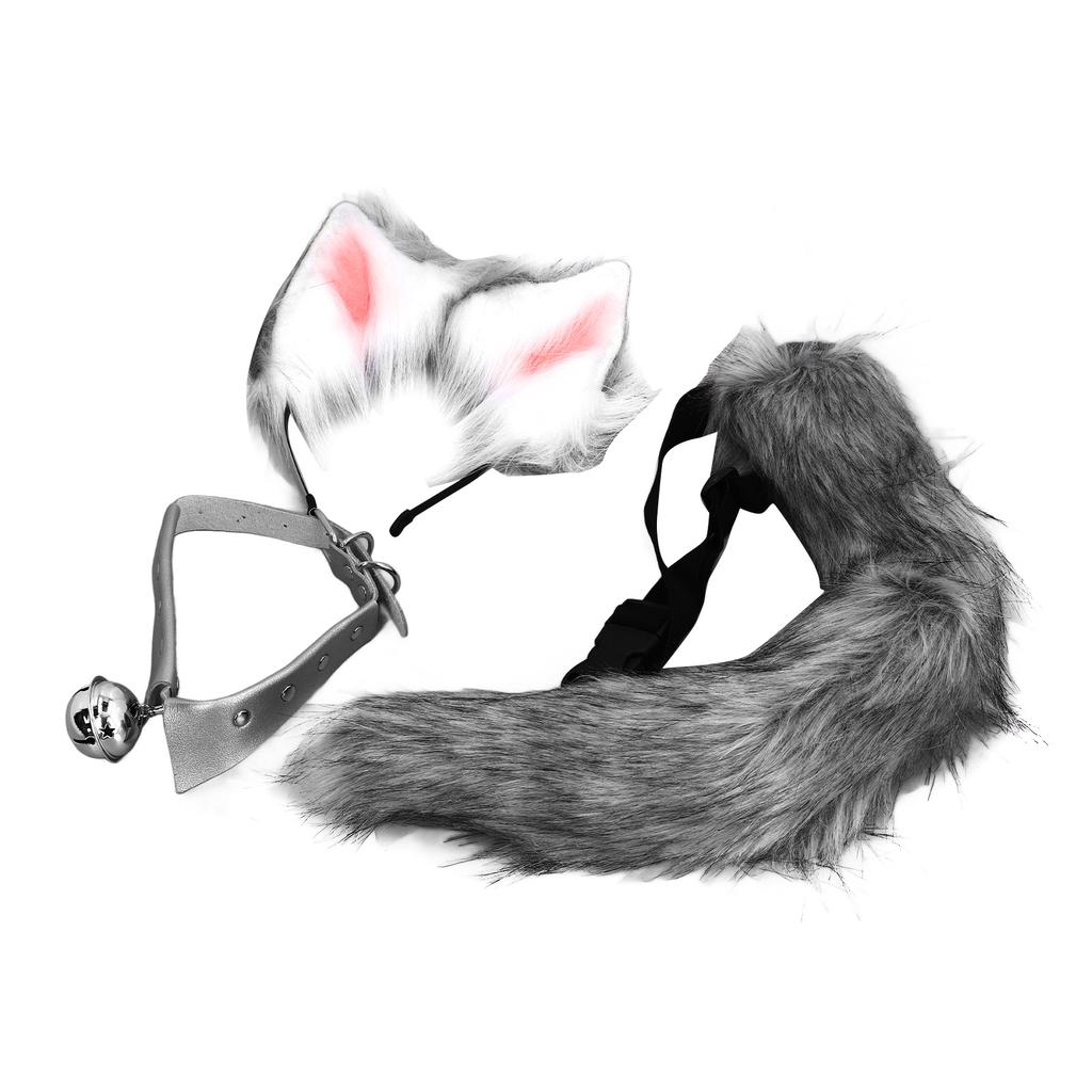 Faux Fur Wolf Fox Tail Ears Hair Clips Neck Collar Set Cat Ears and Wolf Fox Animal Tail Cosplay