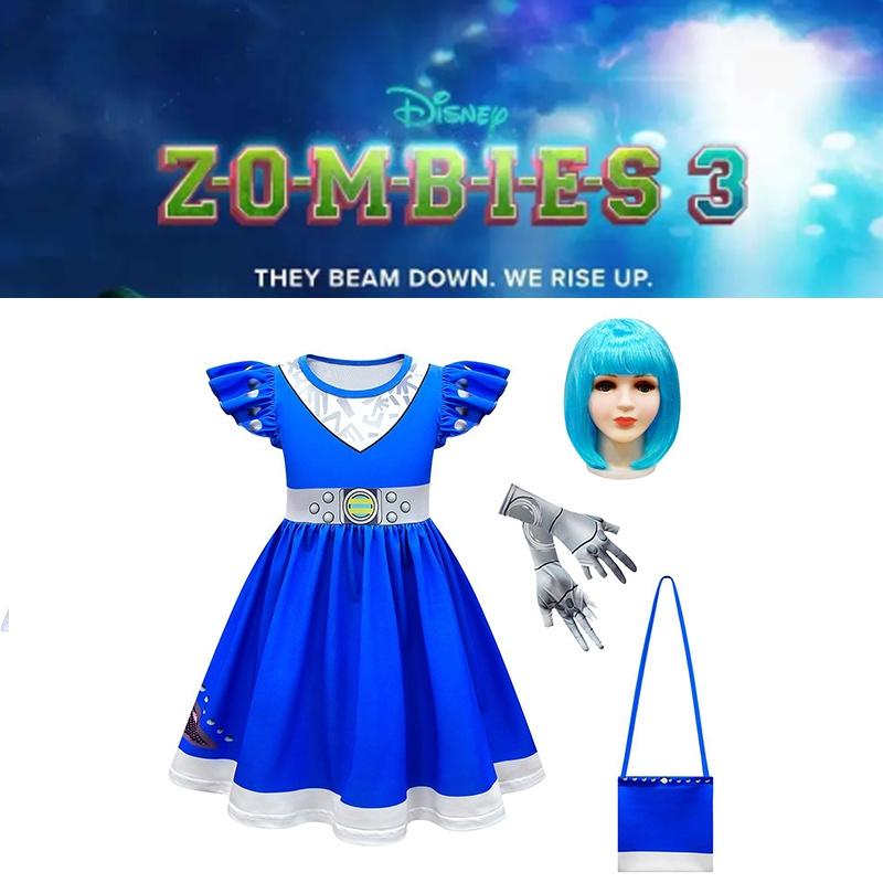 Zombies Kids 3 Cosplay Costume Girls Dress Bag Wig Halloween Outfit Suit Gifts