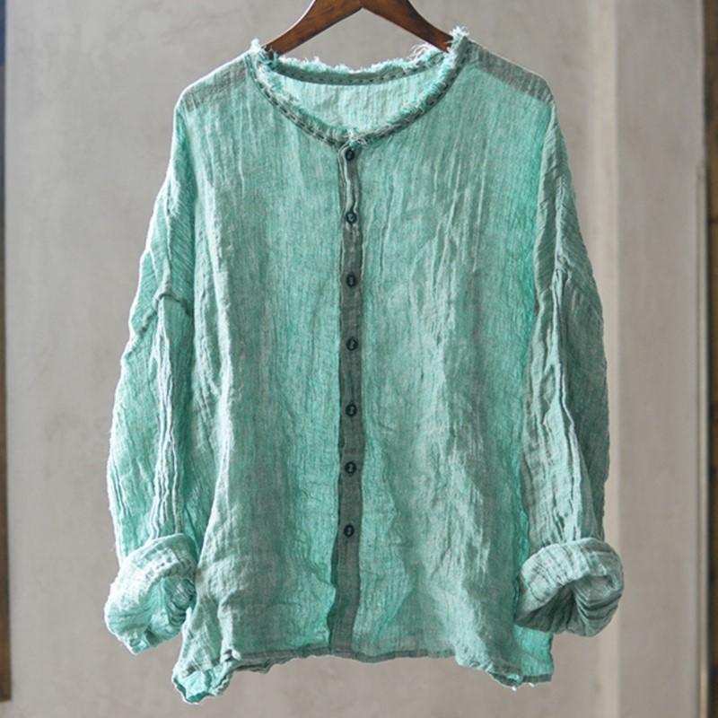 

Johnature Vintage Women Shirts O-Neck Long Sleeve Button Blouses Autumn Loose Solid Color Casual Female Shirts One Size озеро синий