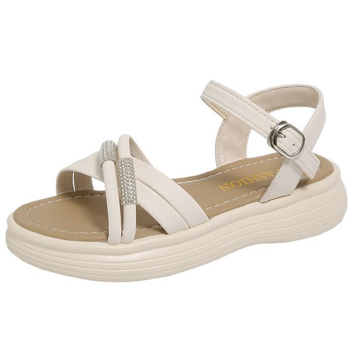 Rhinestone One-word Buckle Sandals Women's Summer Wear 2025 New Non-slip Not Tired Feet Soft Sole Pregnant Women Roman Sandals Women