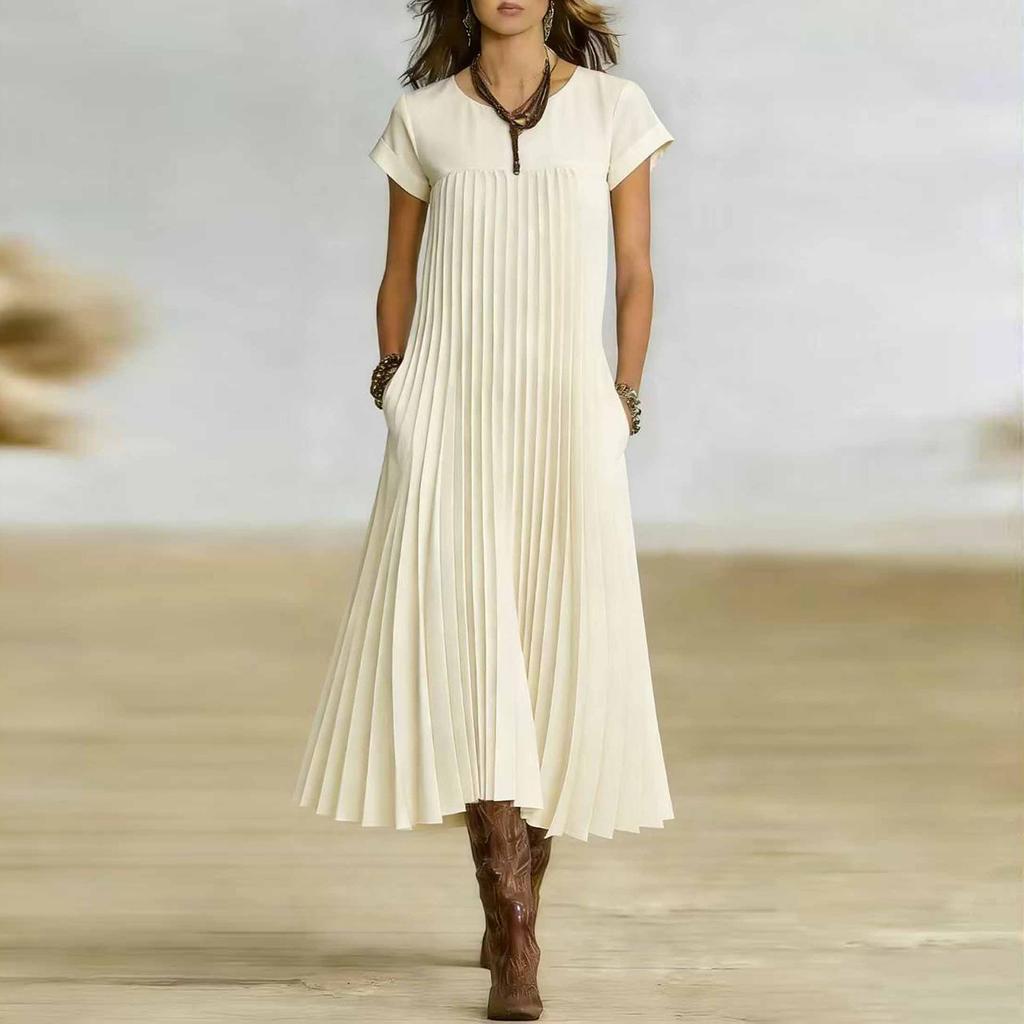 Women's Fashionable Color Round Neck Short Sleeved Pocket Pleated Loose Dress