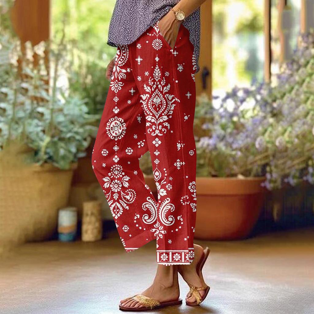 Damen Casual Mode Bedruckte Hose mit geradem Bein Hose mit Taschen