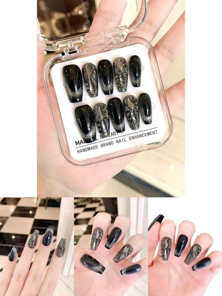 Handmade Black Cat Eye False Nails With Sparkling Rhinestones Stylish And Luxurious
