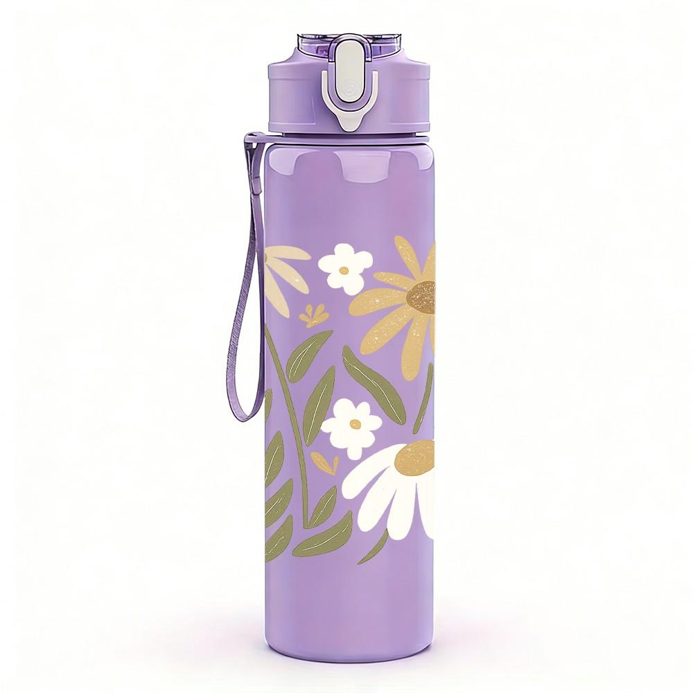 1PC Wild Daisy Bouquet Print 750ml Color Plastic Sports Water Bottle Leakproof Flip Straw Lid Suitable for Sports Office Home Use