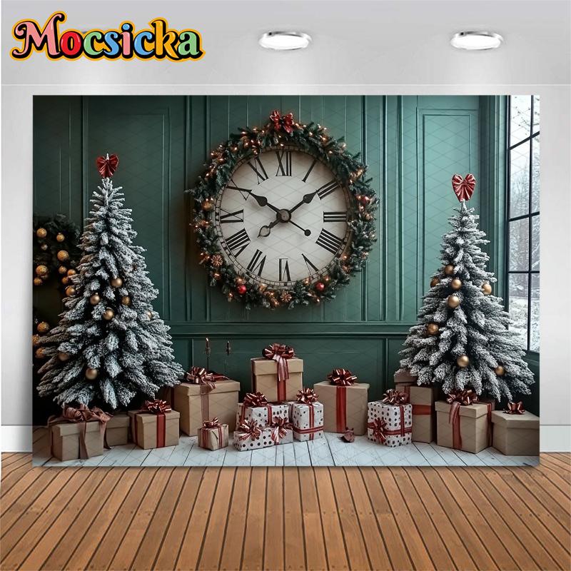 Mocsicka Christmas Backgrounds Xmas Tree Big Clock Decorations Happy New Year Family Holiday Party Photo Backdrops Studio Banner213