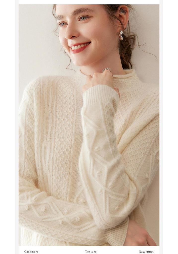 Women's Cashmere Sweater: Autumn/Winter Rolled Edge Half-High Neck, 3D Cable Knit, Super Thick, Soft, Skin-Friendly Long Sleeve.