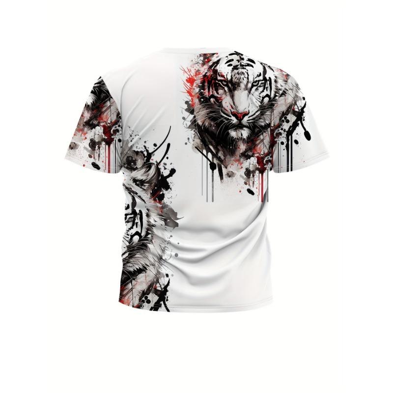 Fashion Men's T-Shirt 3D Ink Splash Tiger Print Short Sleeve Round Neck Casual Graphic Tee Streetwear Top Summer Clothes Gift