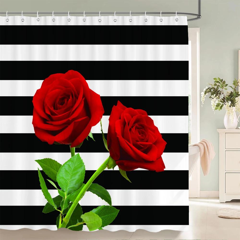 Black White Stripes Flowers Butterfly Pattern Shower Curtain 3D Bath Screen Waterproof Fabric Bathroom Decor Shower Curtains W90xH180cm