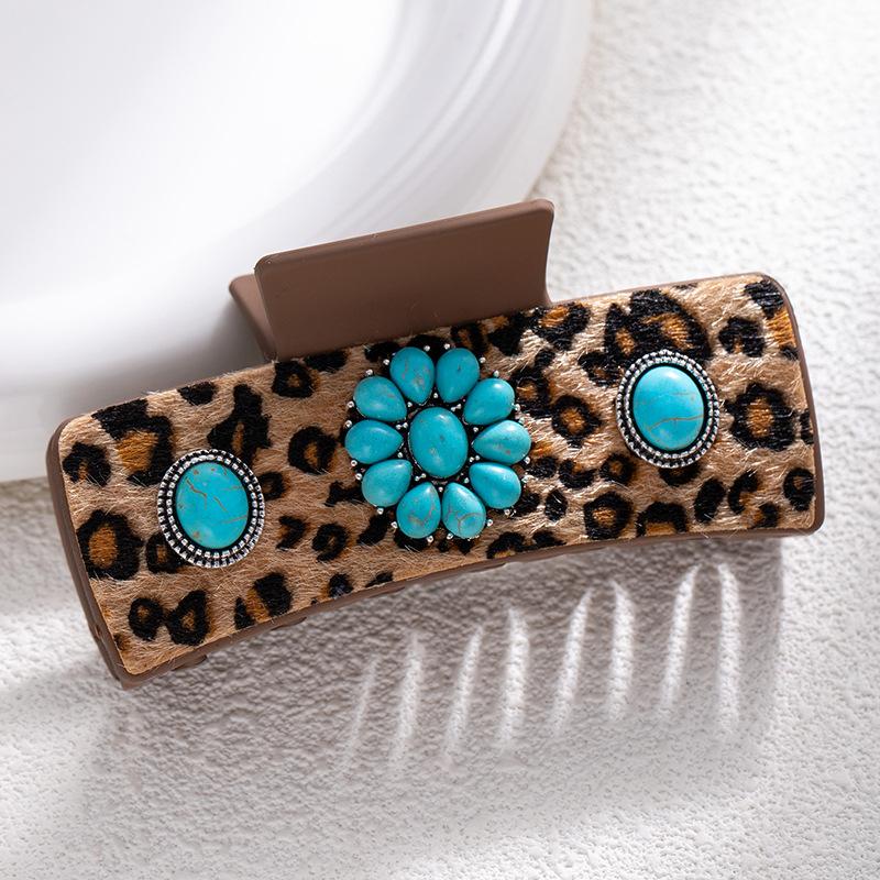Bohemian Ethnic Style Turquoise Grab Clip Western Style Hairpin Retro Leopard Print Sequined Leather Fashion Disc Hairpin