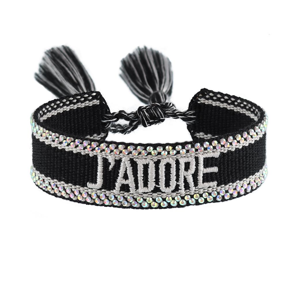 Rhinestone Embroidery Woven Bracelets Adjustable Rope Stackable Bangle For Women