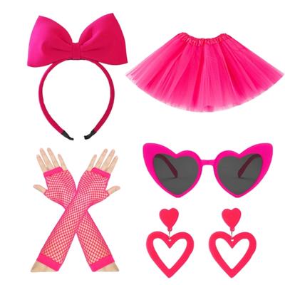 5Pcs 80s Costume Accessories for Women Princess Bows Headband Earrings Tutus Skirt Sunglasses Fishnet Gloves 80s Outfits
