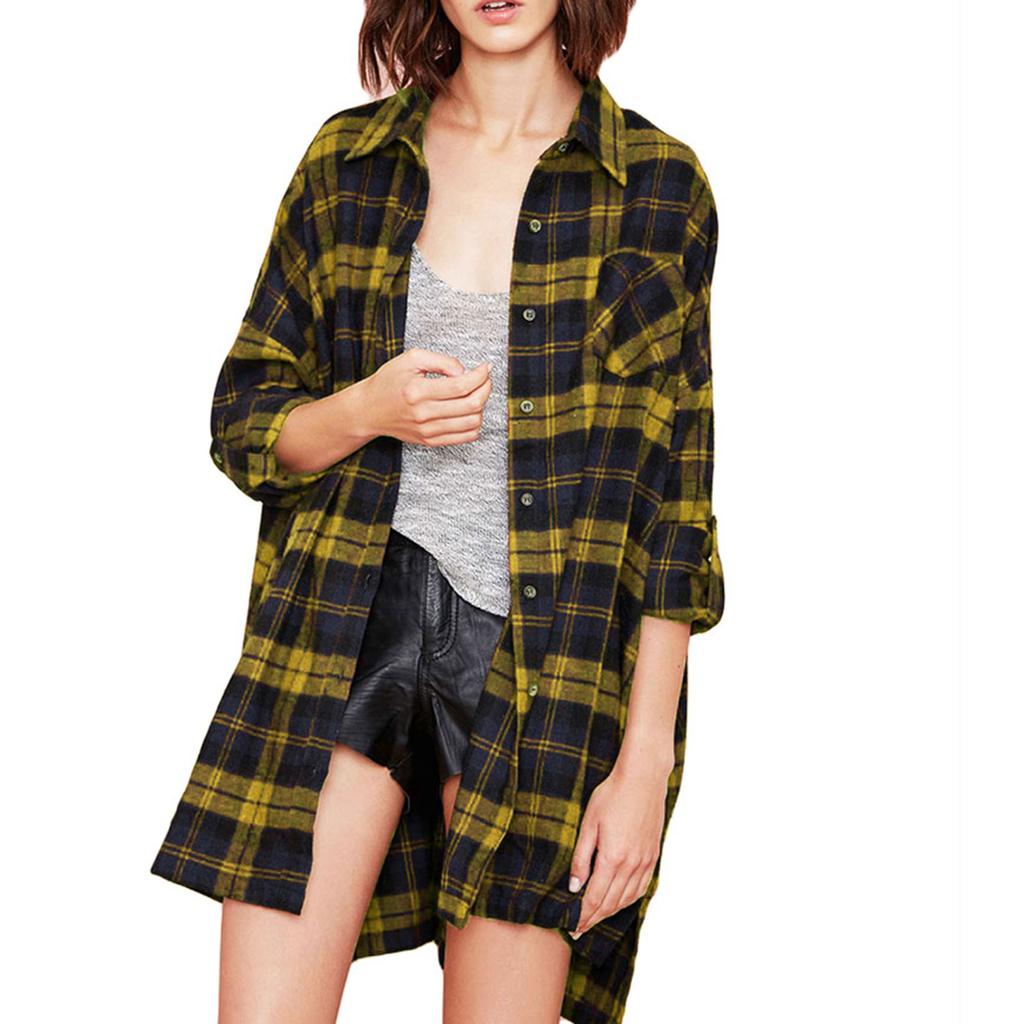 Neue Herbst Frauen Übergroßen Plaid Tartan Hemd Tasten Tasche Drehen-unten Kragen Langarm Baggy