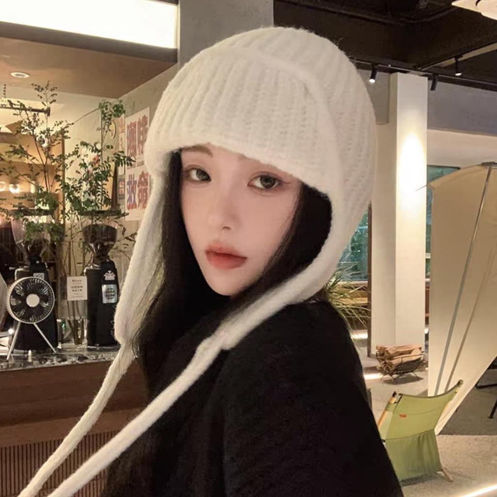 Cute pink ear protector knitted wool hat for girls, small face in winter, warm ear protector Lei Feng hat