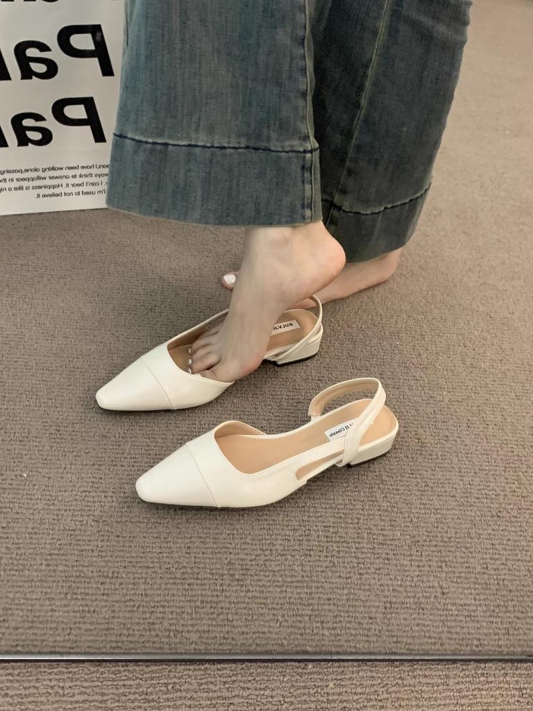 Low-heeled bag head sandals women's French gentle evening nude pointed head small fragrant style lady thick heel empty temperament single shoes