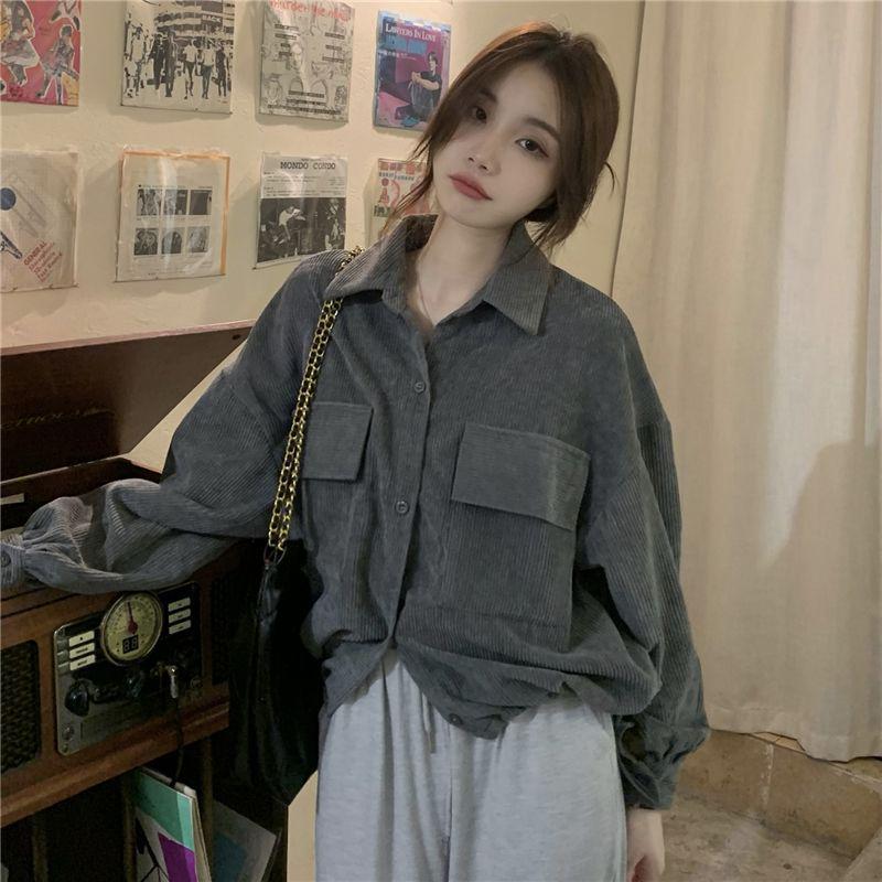 2025 Korean Style Corduroy Shirt Jacket: Autumn Winter Lapel Cardigan for Women