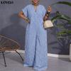 VONDA Womens V Neck Short Sleeve Casual Gingham Plaid Loose Long Wide Leg Jumpsuit Rompers