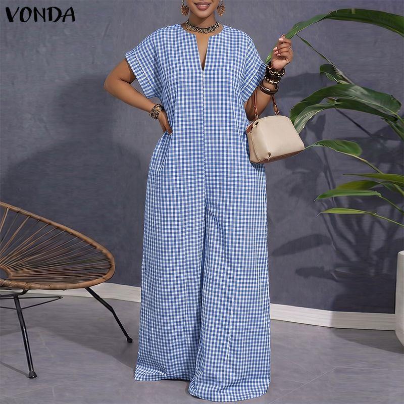VONDA Womens V Neck Short Sleeve Casual Gingham Plaid Loose Long Wide Leg Jumpsuit Rompers