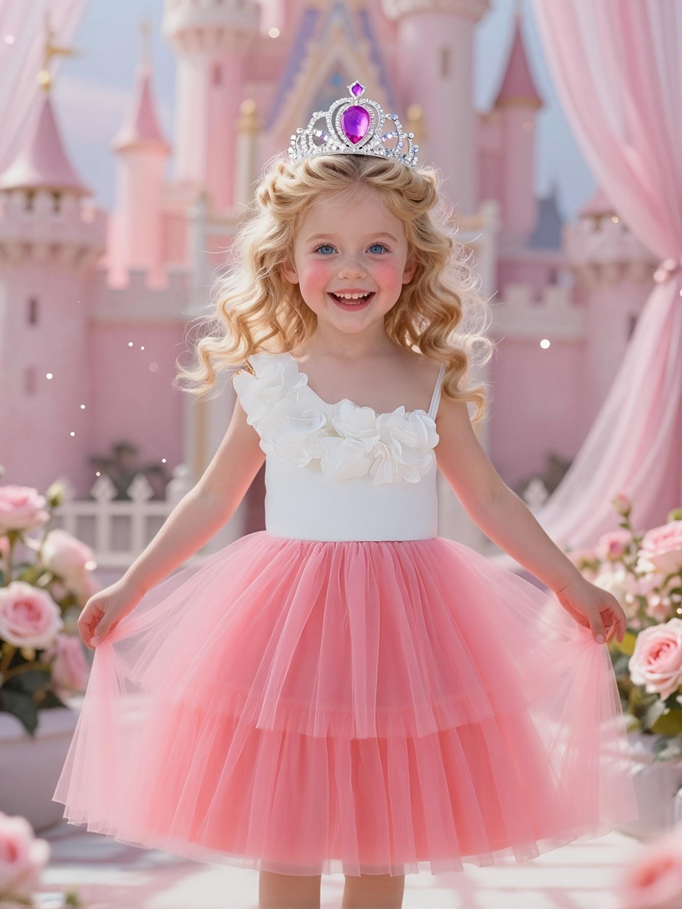 Summer girls  4-7 years old satin strap three-dimensional flower decorated patchwork double-layer net fabric cake dress 4Y розовый