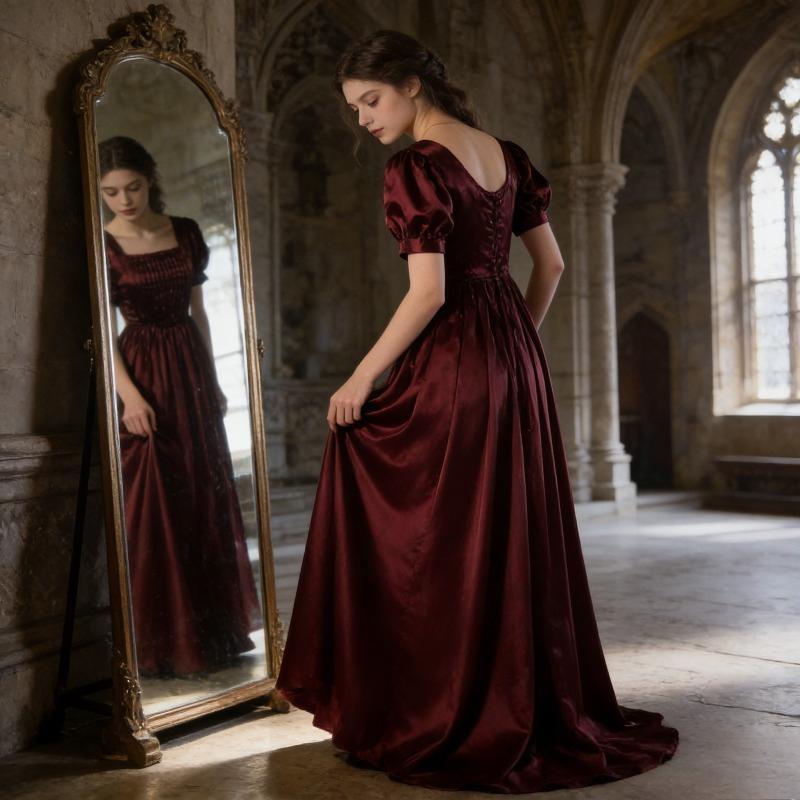 Medieval Satin Dress High Waist Victorian Tea Gown Halloween Cosplay Ball Gown Elegant Historical Theatrical Look