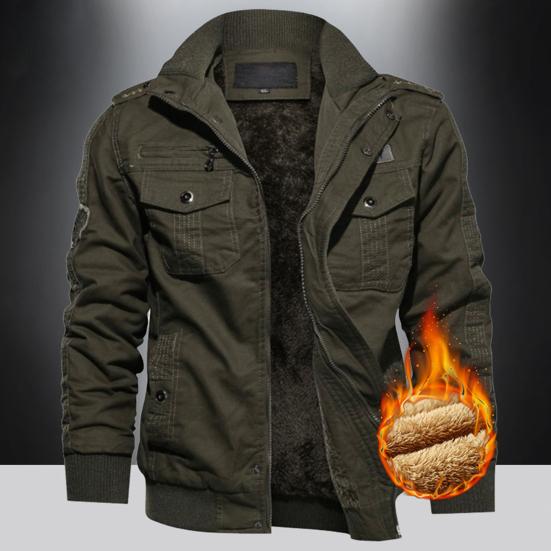 Men Bomber Jacket Plush Lining Multi Pockets Solid Color Zipper Closure Coldproof Autumn Winter Cargo Coat Windbreaker Streetwear