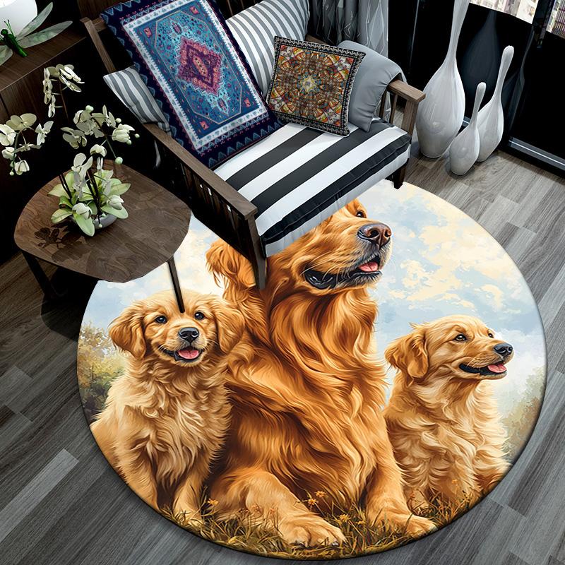 Golden Retriever Round Area Rug,Carpet Rug for Living Room Bedroom Sofa Playroom Decor,Non-slip Floor Mat