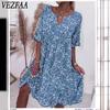 Damenmode Sommer Frühling Blumenmuster Druck 1/2 Ärmel V-Ausschnitt Lockere Taille Freizeitkleider