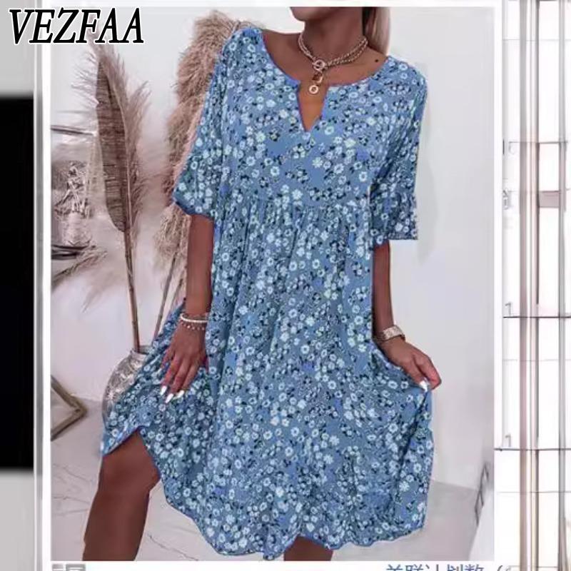 VEZFAA Damenmode Sommer Frühling Blumenmuster Druck 1/2 Ärmel V-Ausschnitt Lockere Taille Freizeitkleider