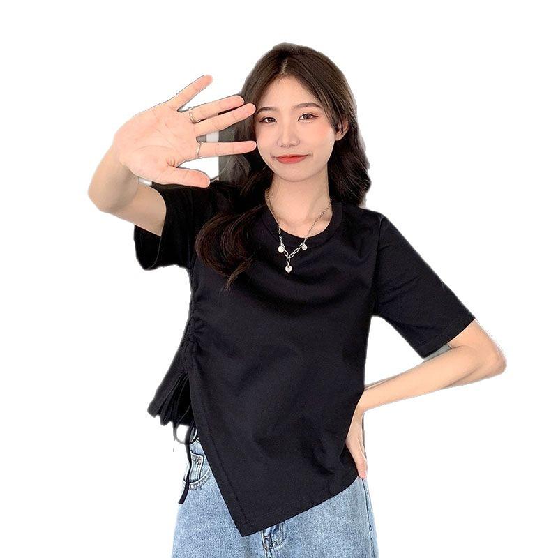 Irregular Drawstring Short Short-sleeved T-shirt Women's New Summer Korean Version Ins Versatile Student Hottie Top