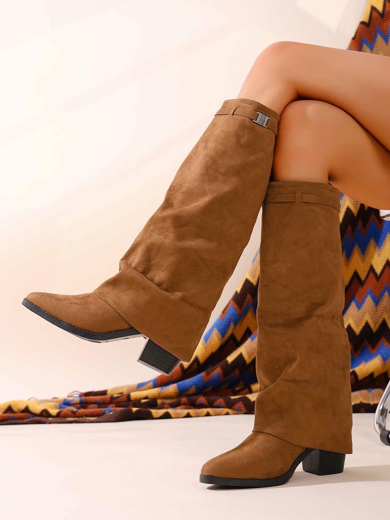 Foreign Trade Large Size Pointed European and American Tall New Boots 2025 Autumn and Winter Fold Thick Heel Sleeve High Heel Fashion Boots