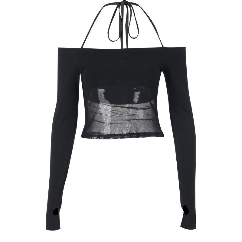 

Pure Desire Элегантные топы Spice Girl с открытыми плечами, новая осенняя сексуальная тонкая сетчатая футболка для женщин, модная однотонная повседневная одежда с длинными рукавами L чёрный