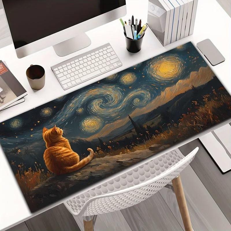 Van Gogh Style Starry Sky Mount Fuji Sakura Desk Mat Xxl NonSlip Rubber Gaming Mousepad Art Landscape Keyboard Pad