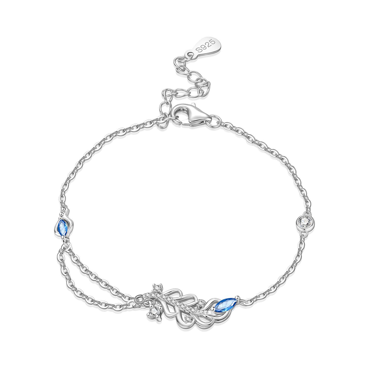 S925 Silver Blue Feather Lucky Symbol Bracelet Chain Link Women Bracelet Jewelry Party Trendy Anniversary Gift