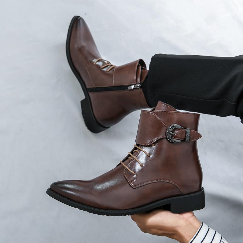 Autumn Collection Men Pointed High Top Boots Formal Leather Shoes Brand Men's Buckle High Top Comfortable Leather Shoes